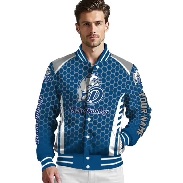 custom drake bulldogs hexagon grid blue varsity jacket high quality.webp