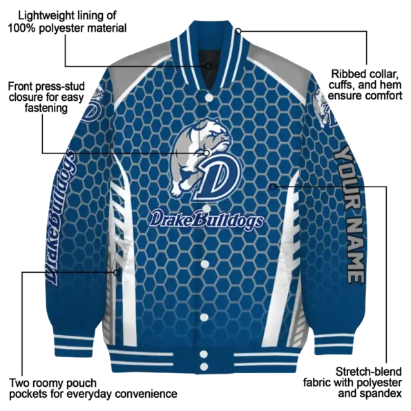 custom drake bulldogs hexagon grid blue varsity jacket new arrival.webp