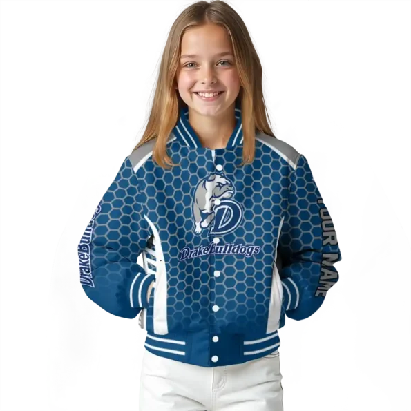 custom drake bulldogs hexagon grid blue varsity jacket top rated.webp