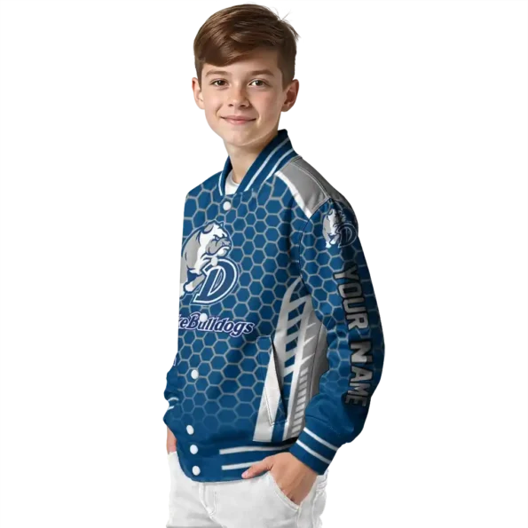 custom drake bulldogs hexagon grid blue varsity jacket trendy.webp