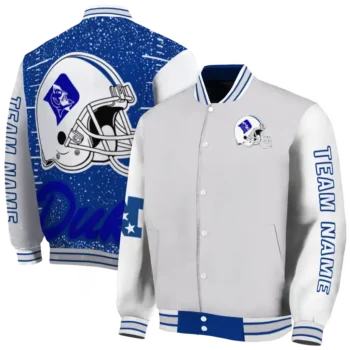 custom duke blue devils speckled arms blue gray varsity jacket fashion forward.webp