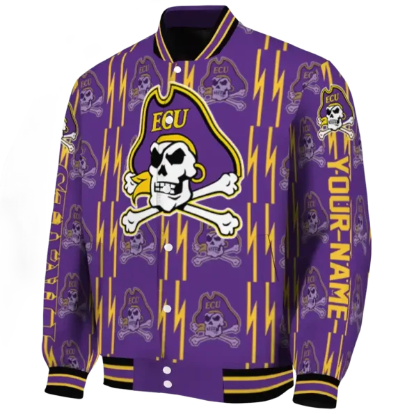 custom east carolina pirates bolt stripe purple varsity jacket best selling.webp