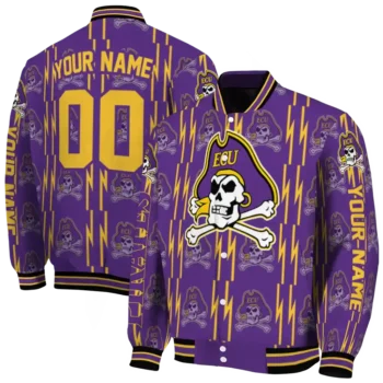 custom east carolina pirates bolt stripe purple varsity jacket fashion forward.webp