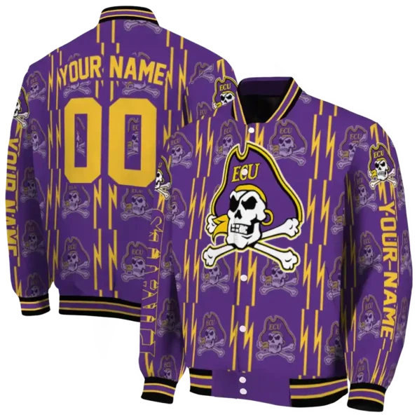 custom east carolina pirates bolt stripe purple varsity jacket fashion forward.webp
