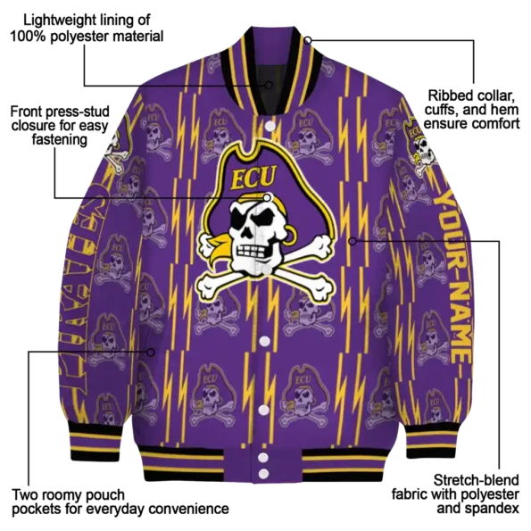 custom east carolina pirates bolt stripe purple varsity jacket new arrival.webp