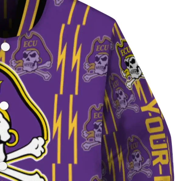 custom east carolina pirates bolt stripe purple varsity jacket premium grade.webp