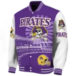 custom east carolina pirates ferris arena purple white varsity jacket best selling.webp