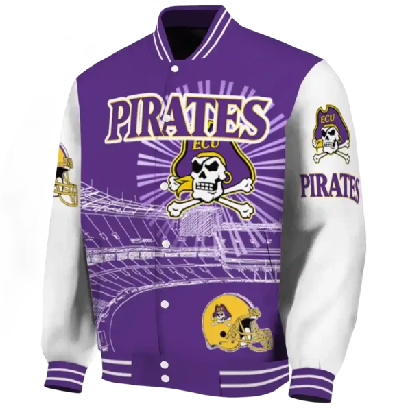 custom east carolina pirates ferris arena purple white varsity jacket best selling.webp