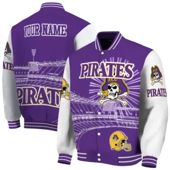custom east carolina pirates ferris arena purple white varsity jacket fashion forward.webp