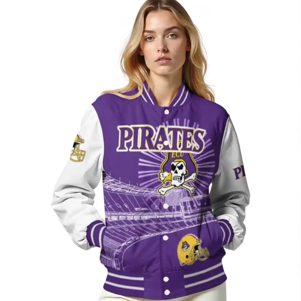 custom east carolina pirates ferris arena purple white varsity jacket latest model.webp