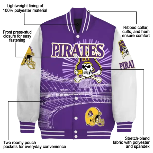 custom east carolina pirates ferris arena purple white varsity jacket new arrival.webp