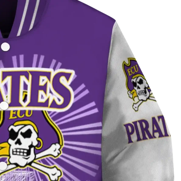custom east carolina pirates ferris arena purple white varsity jacket premium grade.webp
