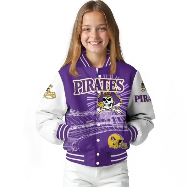 custom east carolina pirates ferris arena purple white varsity jacket top rated.webp