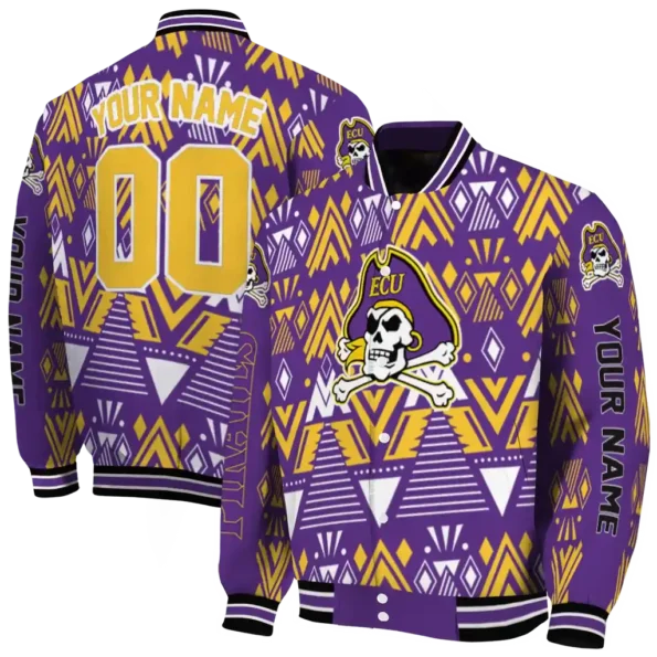 custom east carolina pirates pyramid shapes purple varsity jacket fashion forward.webp