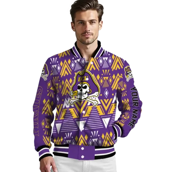 custom east carolina pirates pyramid shapes purple varsity jacket high quality.webp