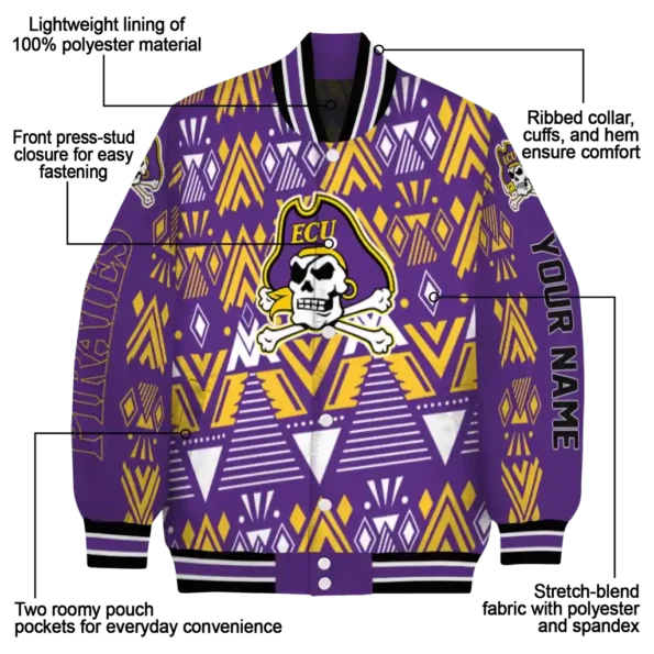custom east carolina pirates pyramid shapes purple varsity jacket new arrival.webp