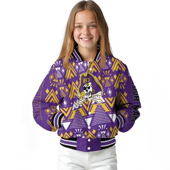 custom east carolina pirates pyramid shapes purple varsity jacket top rated.webp