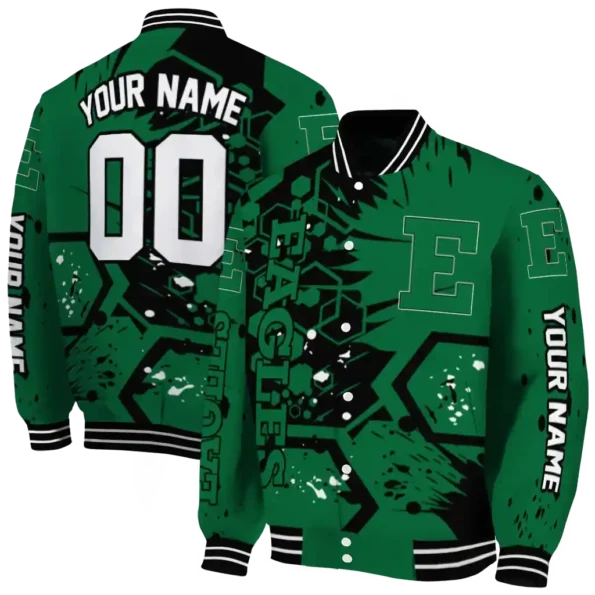 custom eastern michigan eagles hexagon cluster green black varsity jacket fashion forward.webp
