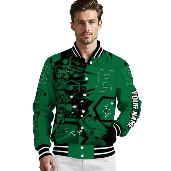 custom eastern michigan eagles hexagon cluster green black varsity jacket high quality.webp