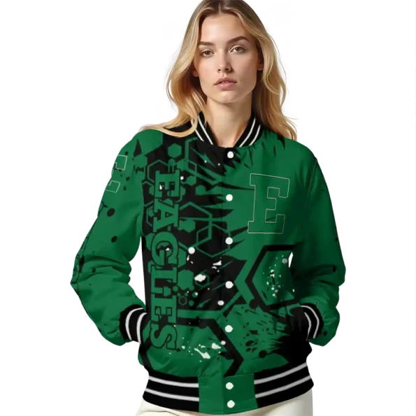 custom eastern michigan eagles hexagon cluster green black varsity jacket latest model.webp