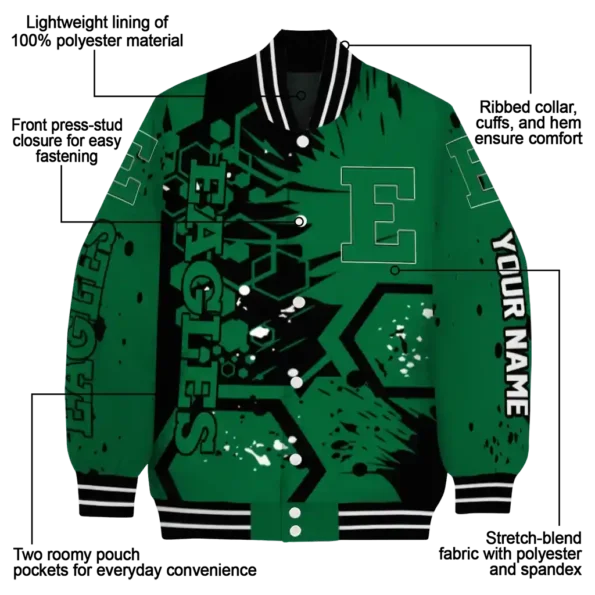 custom eastern michigan eagles hexagon cluster green black varsity jacket new arrival.webp