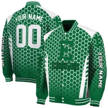 custom eastern michigan eagles hexagon grid green varsity jacket fashion forward.webp