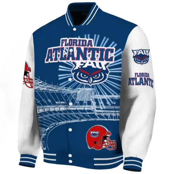 custom florida atlantic owls ferris arena blue white varsity jacket best selling.webp