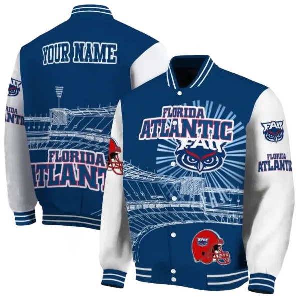 custom florida atlantic owls ferris arena blue white varsity jacket fashion forward.webp