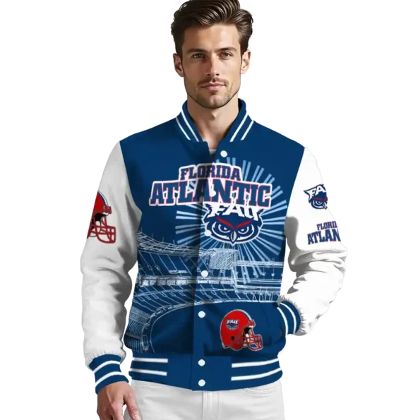 custom florida atlantic owls ferris arena blue white varsity jacket high quality.webp