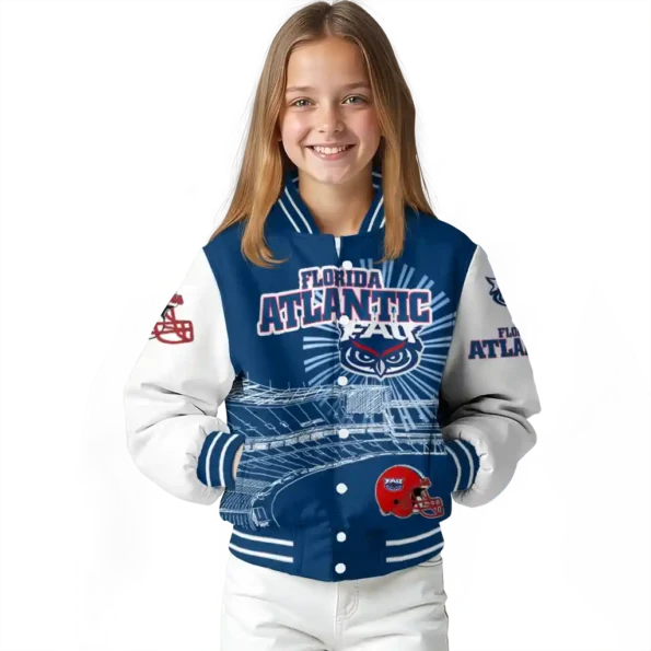 custom florida atlantic owls ferris arena blue white varsity jacket top rated.webp