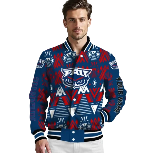 custom florida atlantic owls pyramid shapes blue varsity jacket high quality.webp