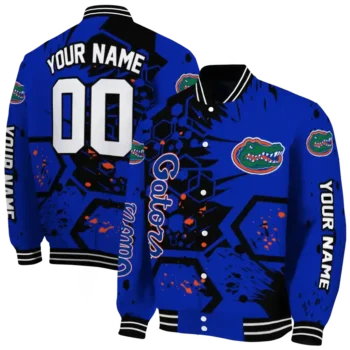 custom florida gators hexagon cluster blue black varsity jacket fashion forward.webp