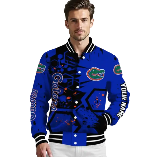 custom florida gators hexagon cluster blue black varsity jacket high quality.webp