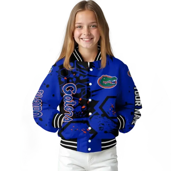custom florida gators hexagon cluster blue black varsity jacket top rated.webp