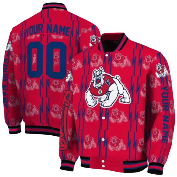 custom fresno state bulldogs bolt stripe red varsity jacket fashion forward.webp