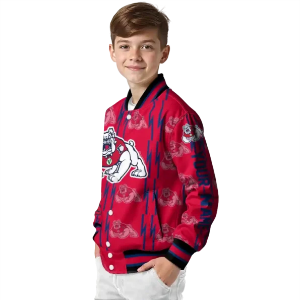 custom fresno state bulldogs bolt stripe red varsity jacket trendy.webp