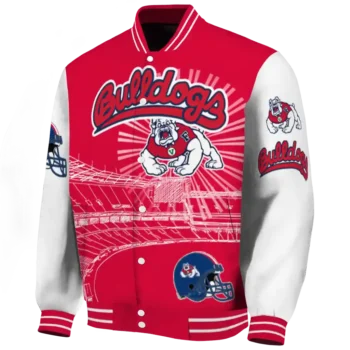 custom fresno state bulldogs ferris arena red white varsity jacket best selling.webp