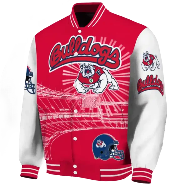 custom fresno state bulldogs ferris arena red white varsity jacket best selling.webp