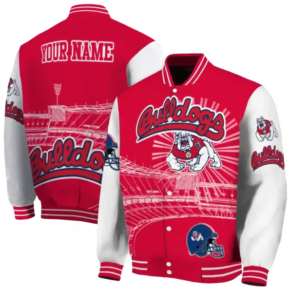 custom fresno state bulldogs ferris arena red white varsity jacket fashion forward.webp