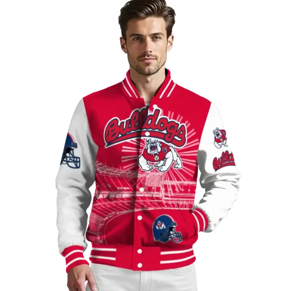 custom fresno state bulldogs ferris arena red white varsity jacket high quality.webp