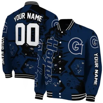 custom georgetown hoyas hexagon cluster blue black varsity jacket fashion forward.webp