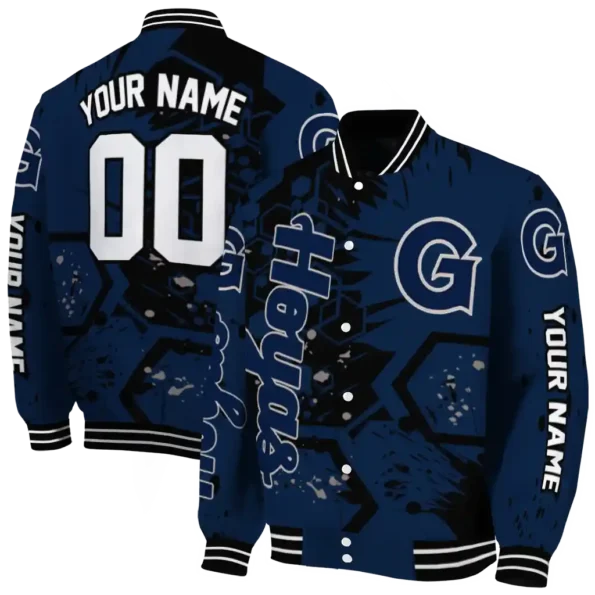 custom georgetown hoyas hexagon cluster blue black varsity jacket fashion forward.webp