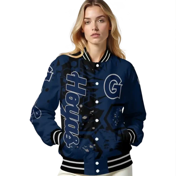 custom georgetown hoyas hexagon cluster blue black varsity jacket latest model.webp