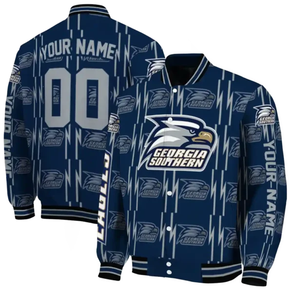 custom georgia southern eagles bolt stripe blue varsity jacket fashion forward.webp