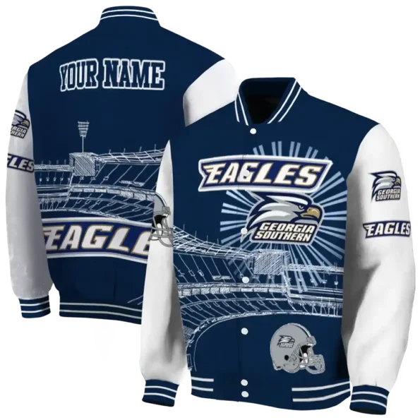 custom georgia southern eagles ferris arena blue white varsity jacket fashion forward.webp