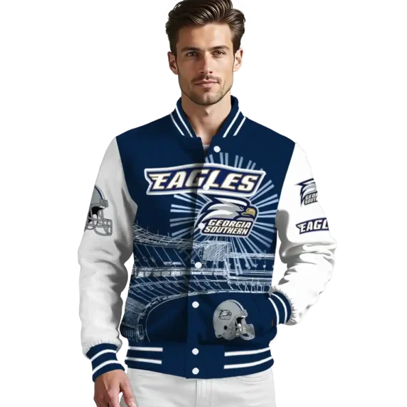 custom georgia southern eagles ferris arena blue white varsity jacket high quality.webp