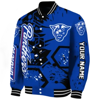 custom georgia state panthers hexagon cluster blue black varsity jacket best selling.webp