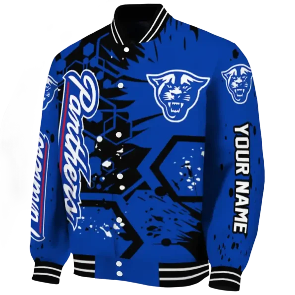 custom georgia state panthers hexagon cluster blue black varsity jacket best selling.webp