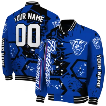 custom georgia state panthers hexagon cluster blue black varsity jacket fashion forward.webp