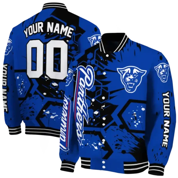custom georgia state panthers hexagon cluster blue black varsity jacket fashion forward.webp